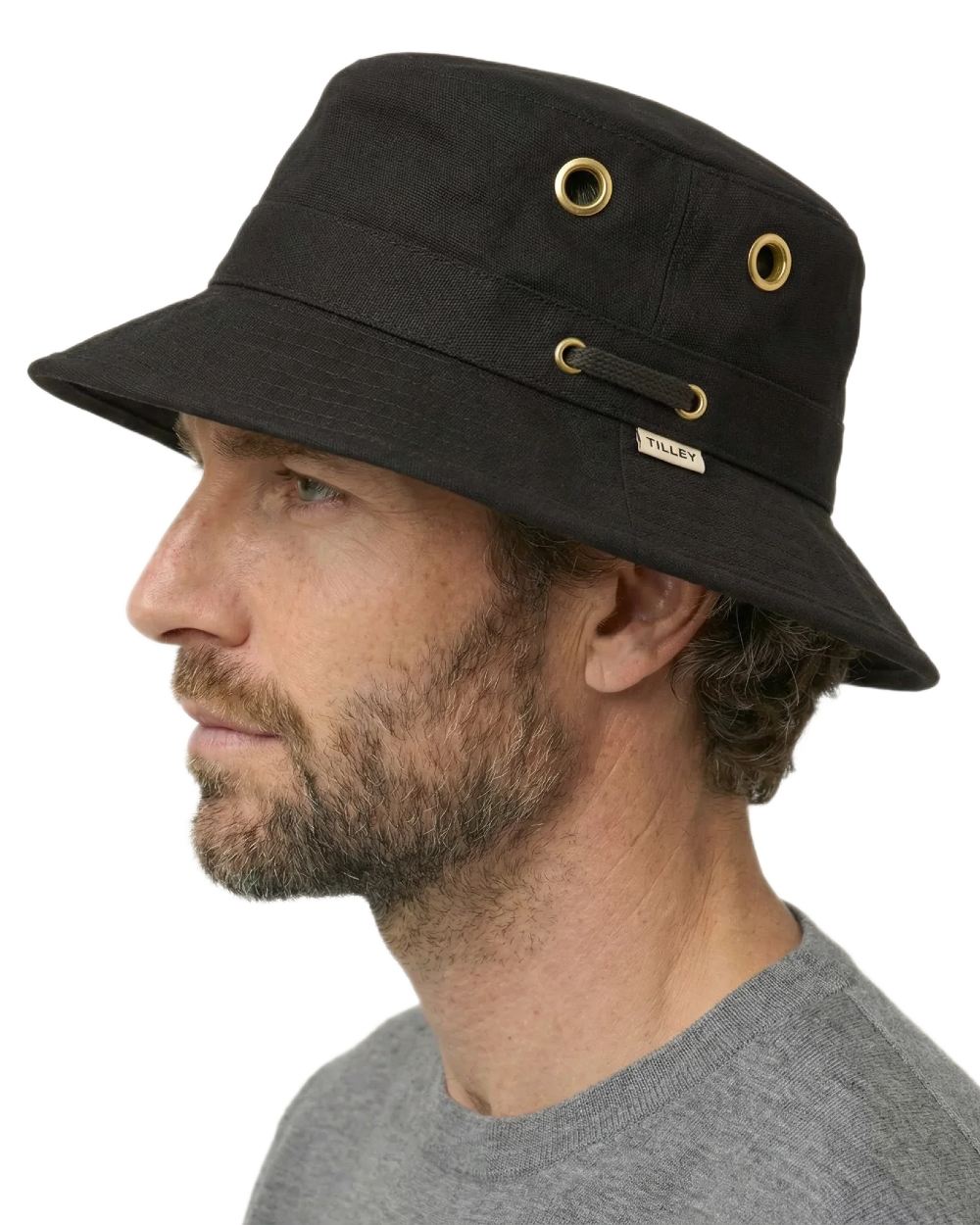 Black Coloured Tilley Iconic T1 Bucket Hat on white background 