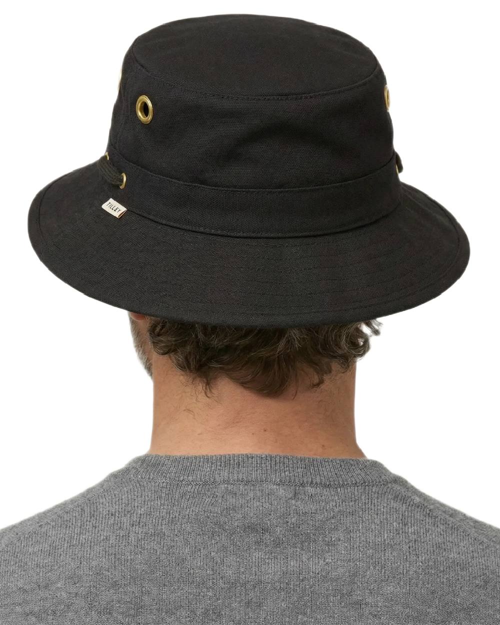 Black Coloured Tilley Iconic T1 Bucket Hat on white background 