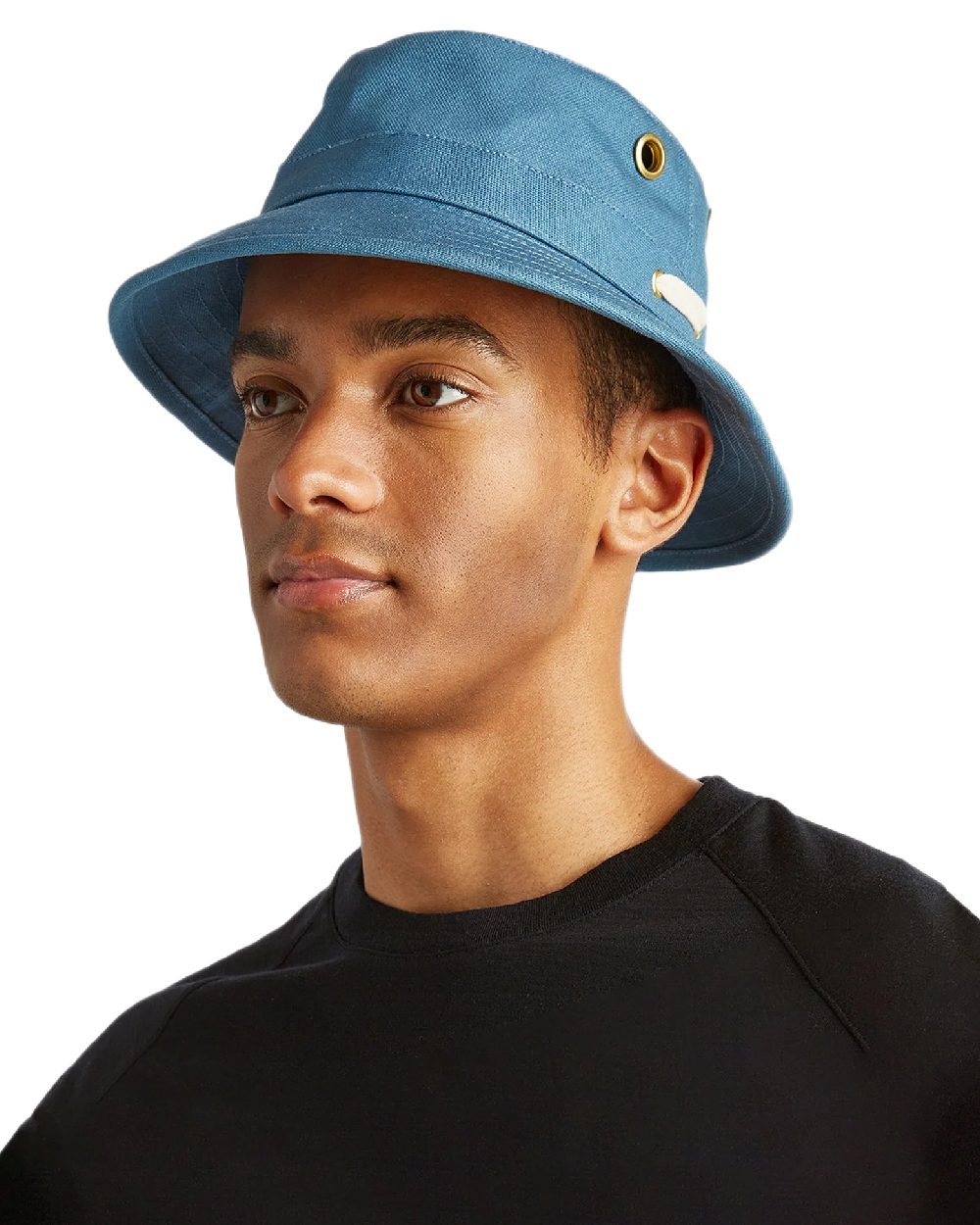 Denim Blue Coloured Tilley Iconic T1 Bucket Hat on white background 