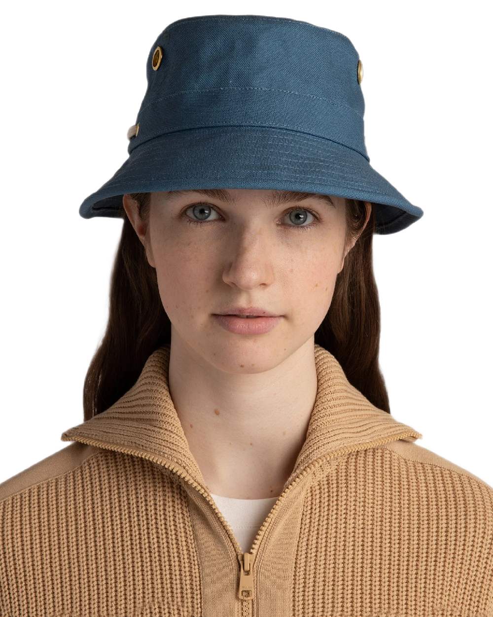 Denim Blue Coloured Tilley Iconic T1 Bucket Hat on white background 
