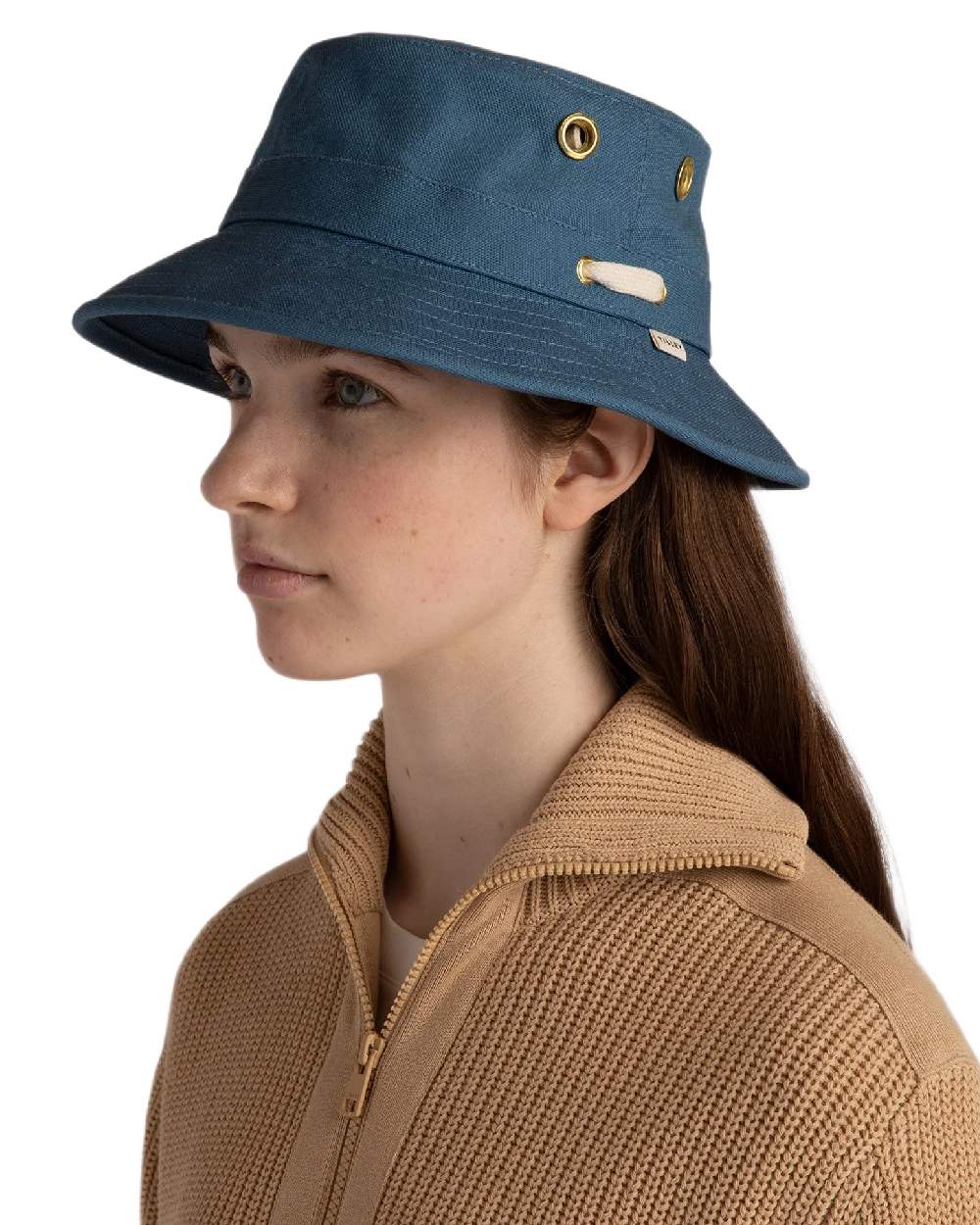 Denim Blue Coloured Tilley Iconic T1 Bucket Hat on white background 