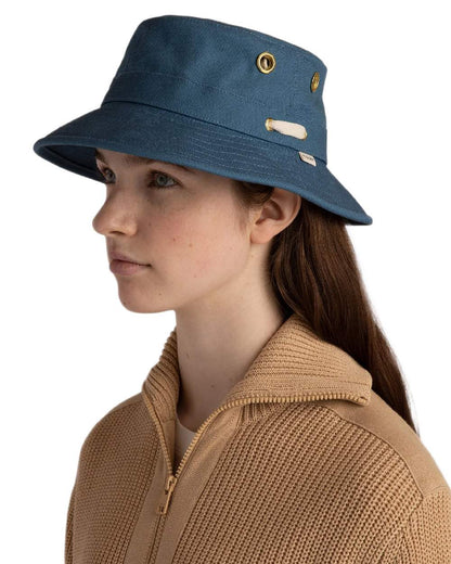 Denim Blue Coloured Tilley Iconic T1 Bucket Hat on white background 
