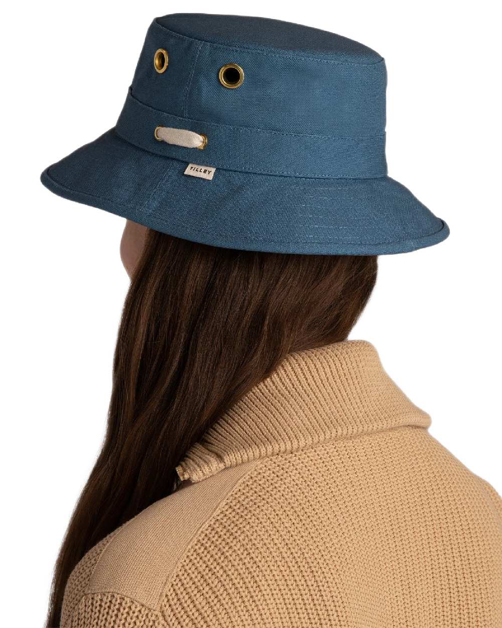 Denim Blue Coloured Tilley Iconic T1 Bucket Hat on white background 