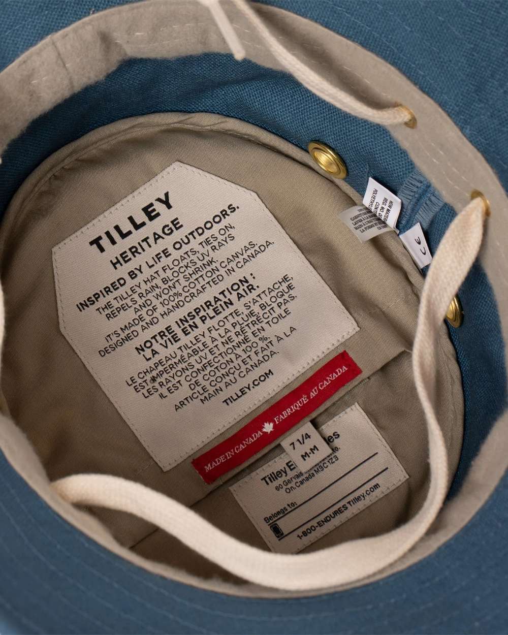 Denim Blue Coloured Tilley Iconic T1 Bucket Hat on white background 