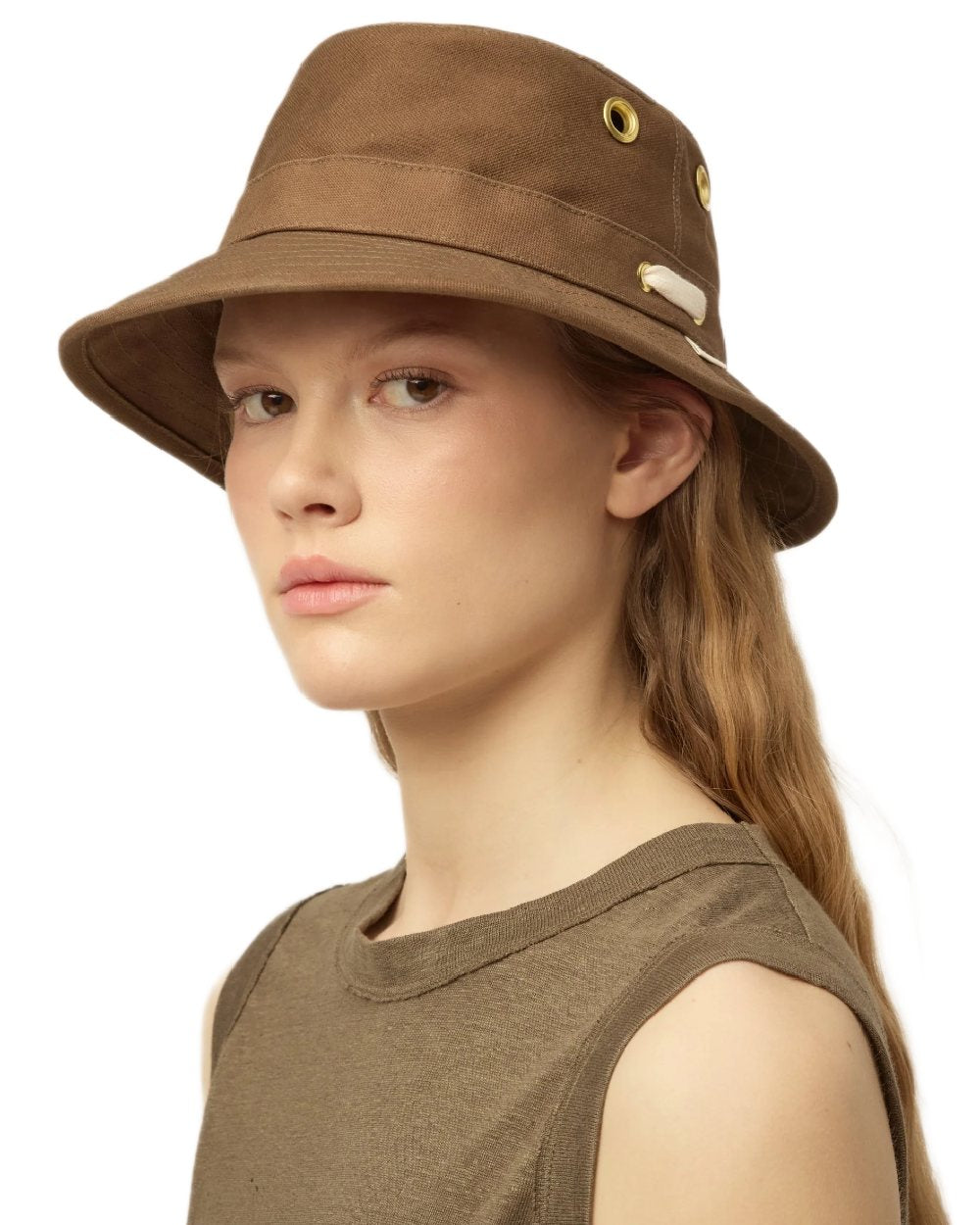 Peat Coloured Tilley Iconic T1 Bucket Hat on white background 
