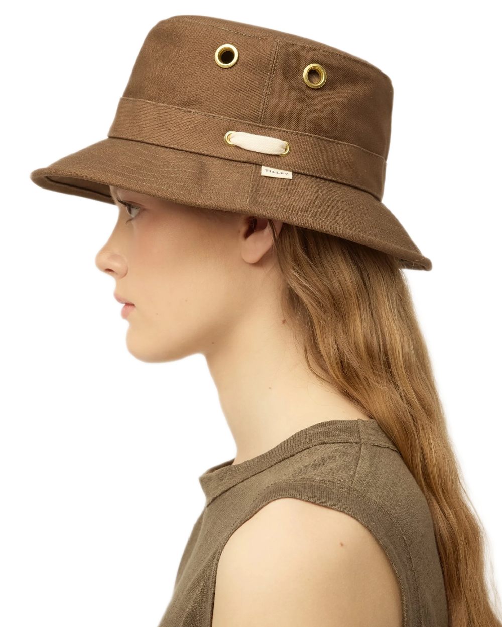 Peat Coloured Tilley Iconic T1 Bucket Hat on white background 