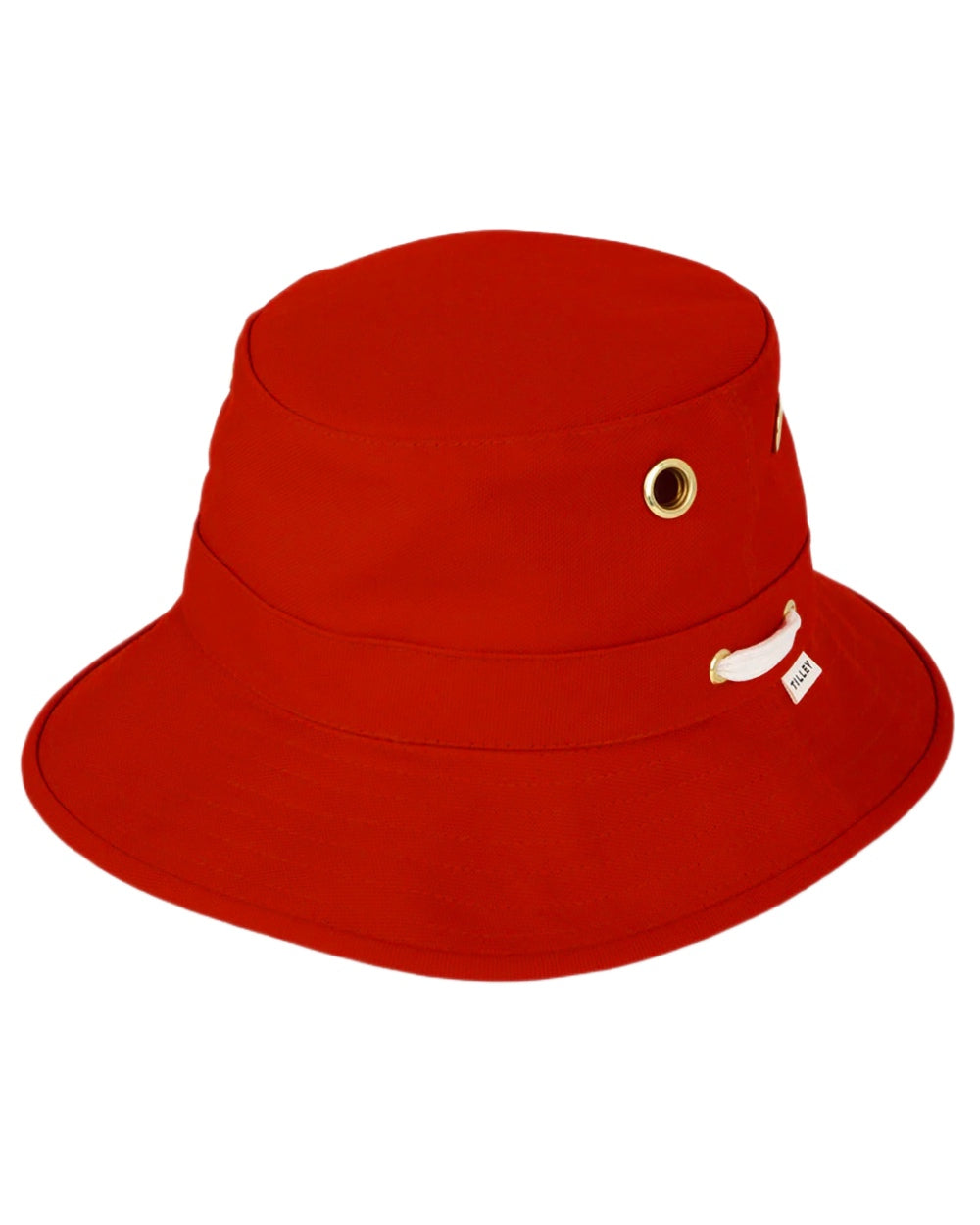 Red coloured Tilley Iconic T1 Bucket Hat on white background 
