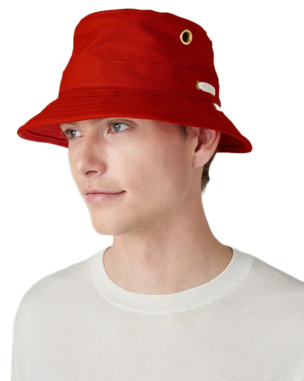 Red coloured Tilley Iconic T1 Bucket Hat on white background 