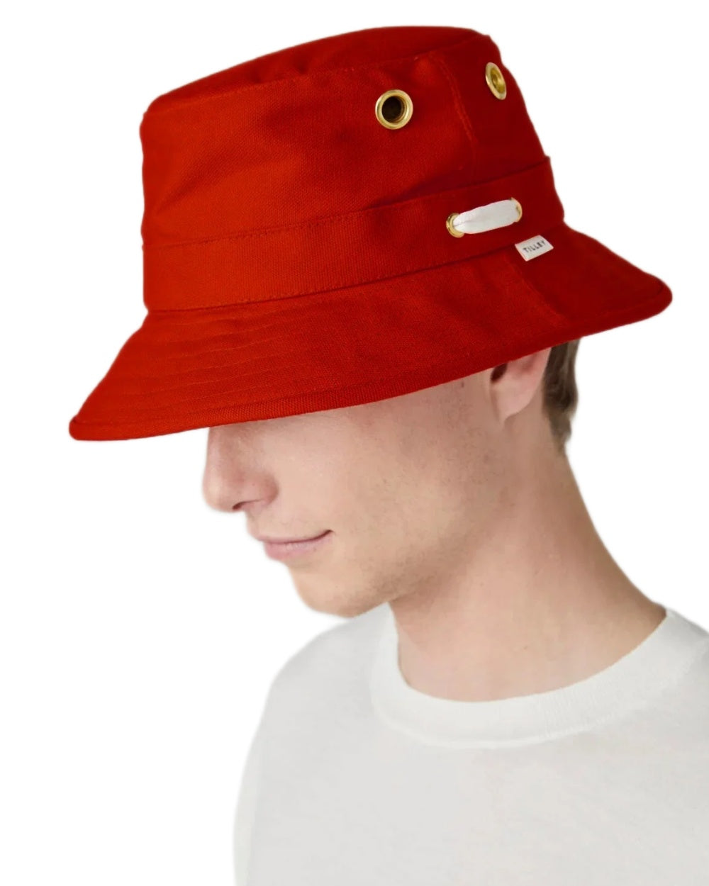 Red coloured Tilley Iconic T1 Bucket Hat on white background 