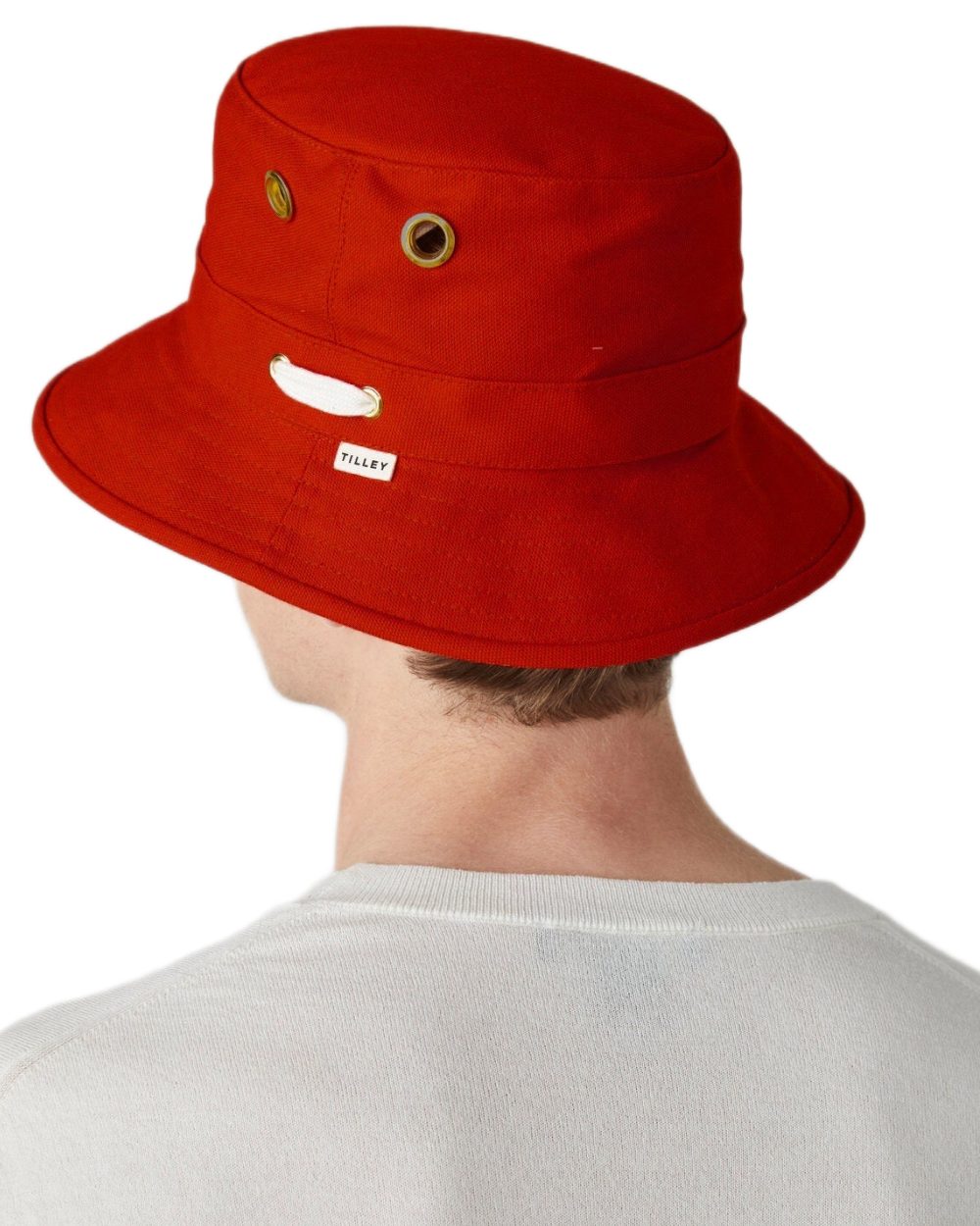 Red coloured Tilley Iconic T1 Bucket Hat on white background 