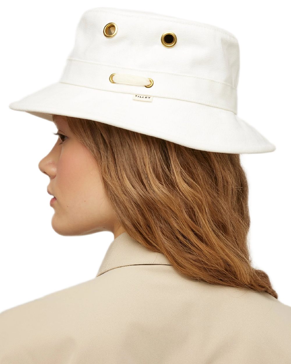 White Coloured Tilley Iconic T1 Bucket Hat on white background 
