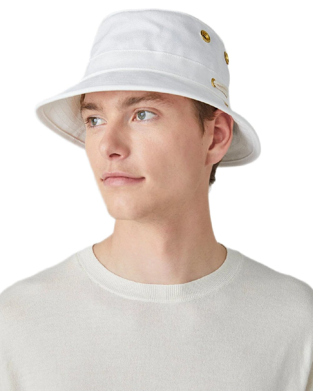 White Coloured Tilley Iconic T1 Bucket Hat on white background 