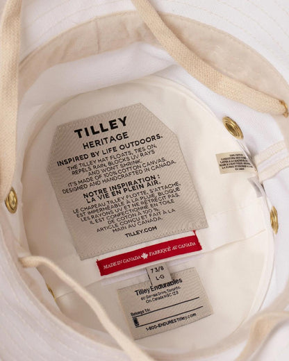 White Coloured Tilley Iconic T1 Bucket Hat on white background 