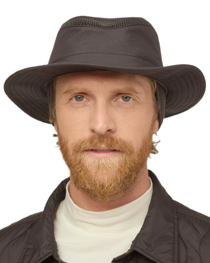 Black Coloured Tilley LTM5 Winterised Airflo Slim Sun Hat on white background 