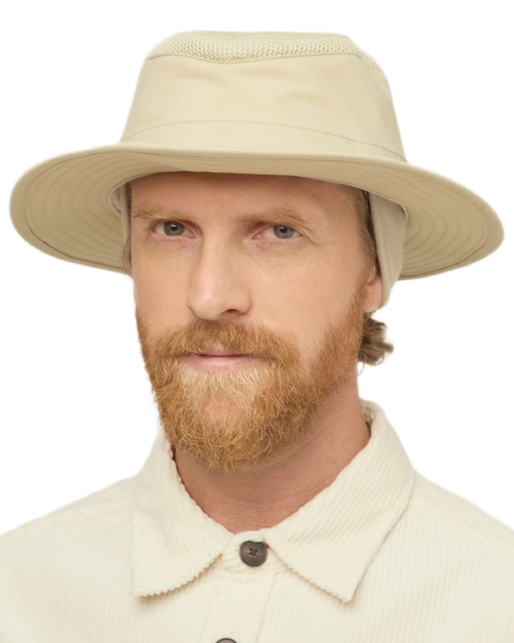 Khaki Coloured Tilley LTM5 Winterised Airflo Slim Sun Hat on white background 
