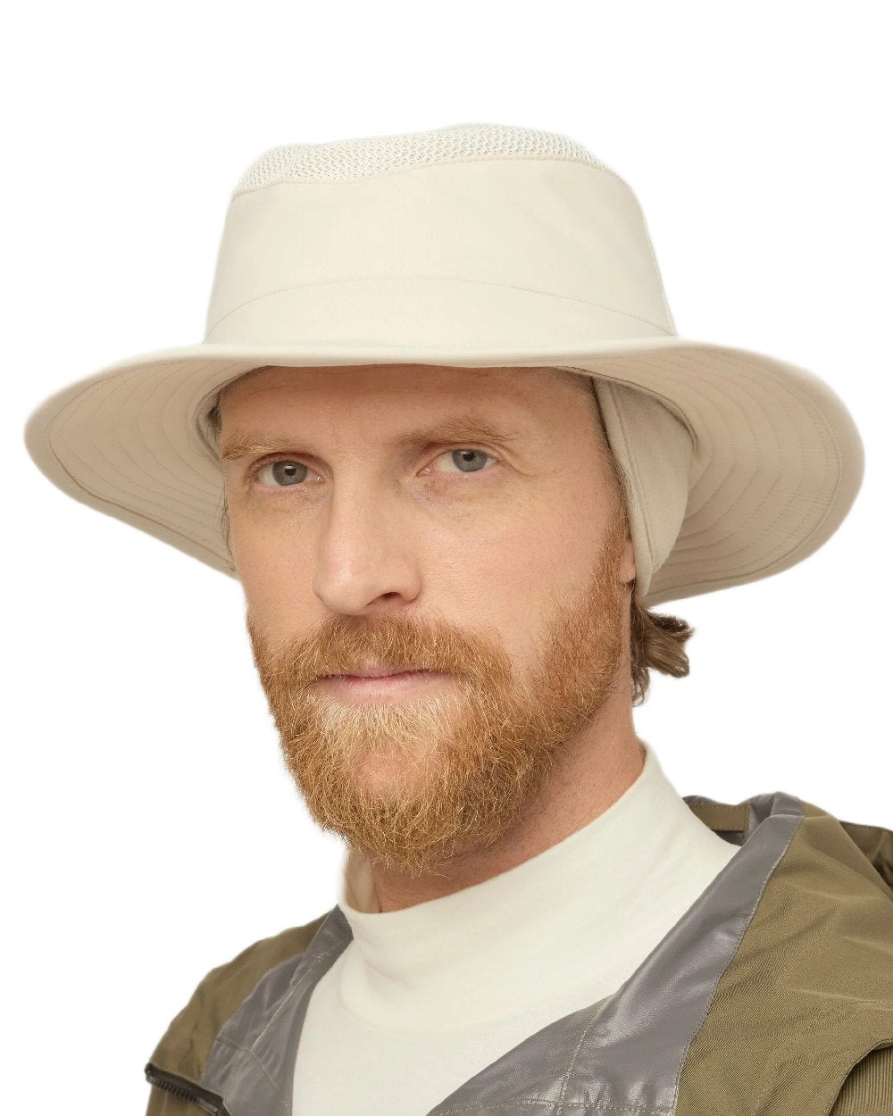 Light Stone Coloured Tilley LTM5 Winterised Airflo Slim Sun Hat on white background 