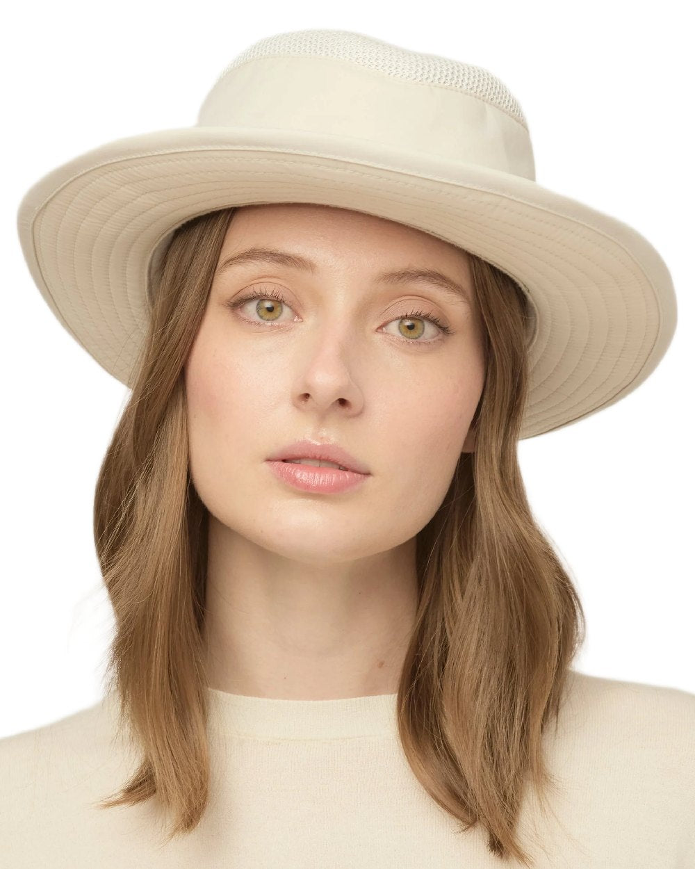 Light Stone Coloured Tilley LTM5 Winterised Airflo Slim Sun Hat on white background 