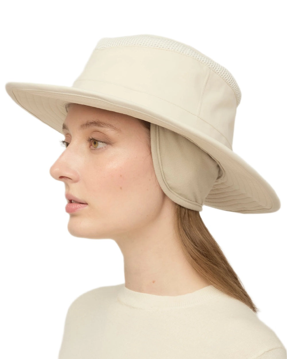 Light Stone Coloured Tilley LTM5 Winterised Airflo Slim Sun Hat on white background 