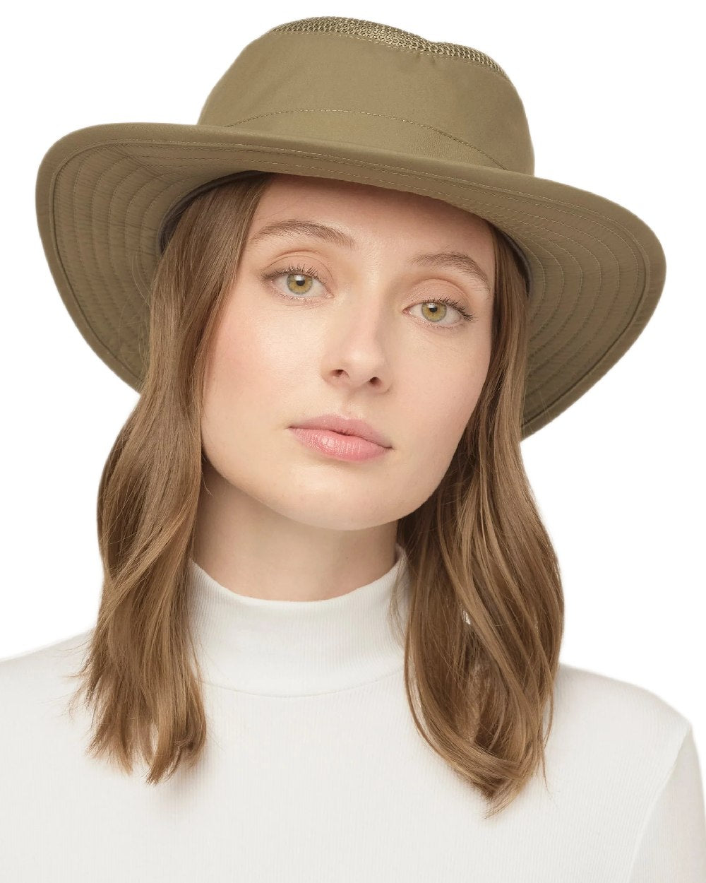 Olive Coloured Tilley LTM5 Winterised Airflo Slim Sun Hat on white background 
