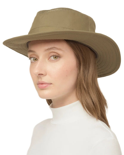 Olive Coloured Tilley LTM5 Winterised Airflo Slim Sun Hat on white background 