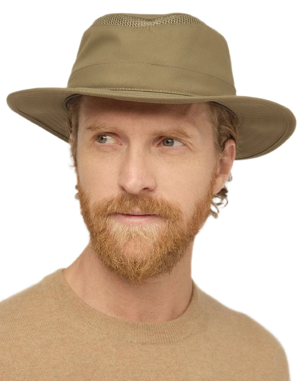 Olive Coloured Tilley LTM5 Winterised Airflo Slim Sun Hat on white background 