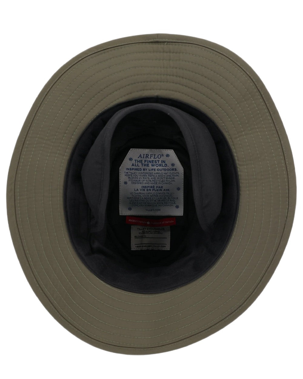 Olive Coloured Tilley LTM5 Winterised Airflo Slim Sun Hat on white background 