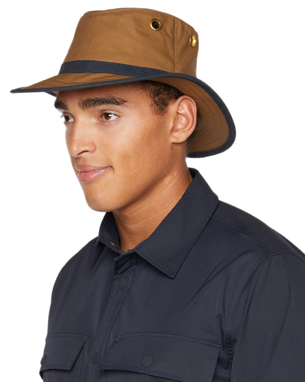 British Tan Navy Coloured Tilley Outback Waxed Cotton Hat on white background 