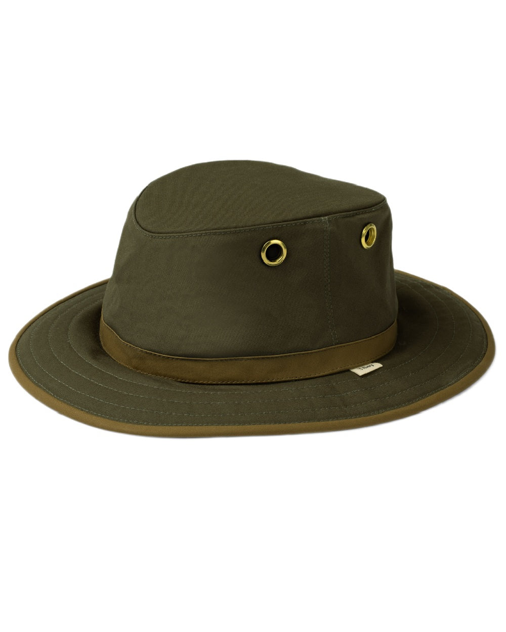 Green British Tan Coloured Tilley Outback Waxed Cotton Hat on white background 