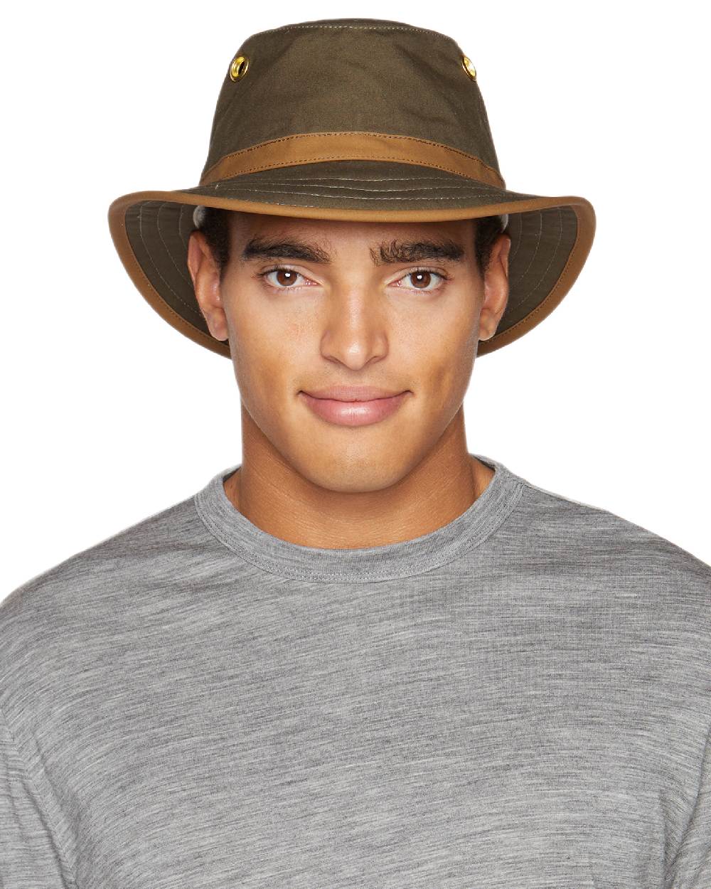 Green British Tan Coloured Tilley Outback Waxed Cotton Hat on white background 