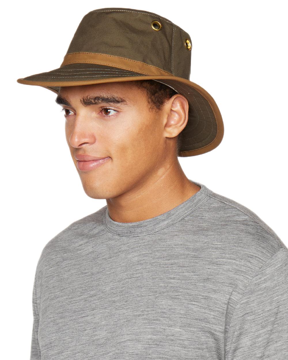 Green British Tan Coloured Tilley Outback Waxed Cotton Hat on white background 