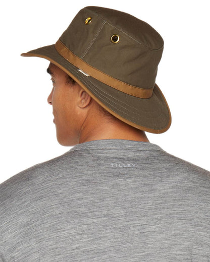 Green British Tan Coloured Tilley Outback Waxed Cotton Hat on white background 