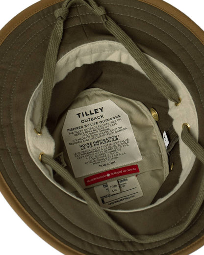 Green British Tan Coloured Tilley Outback Waxed Cotton Hat on white background 