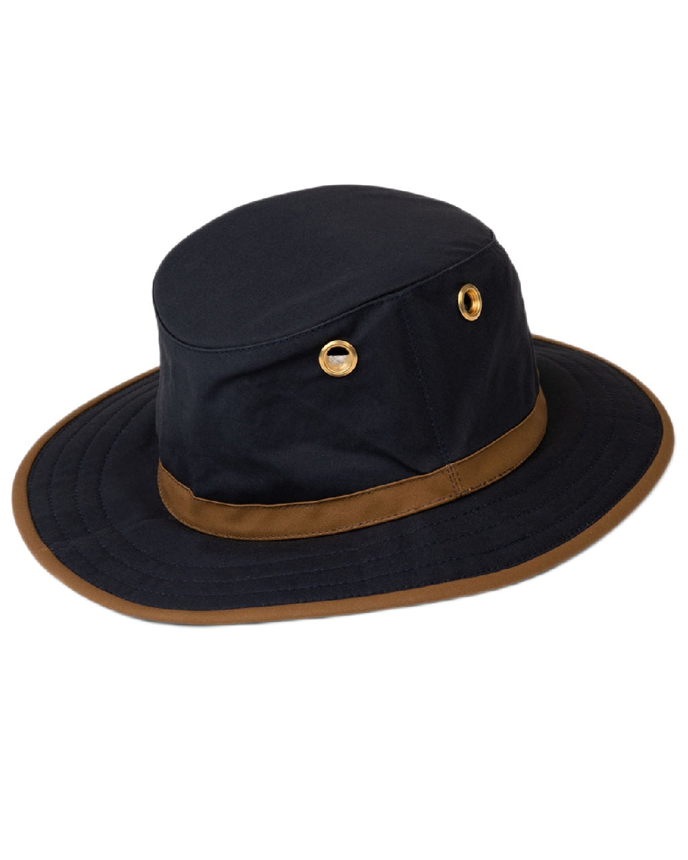 Navy British Tan Coloured Tilley Outback Waxed Cotton Hat on white background 