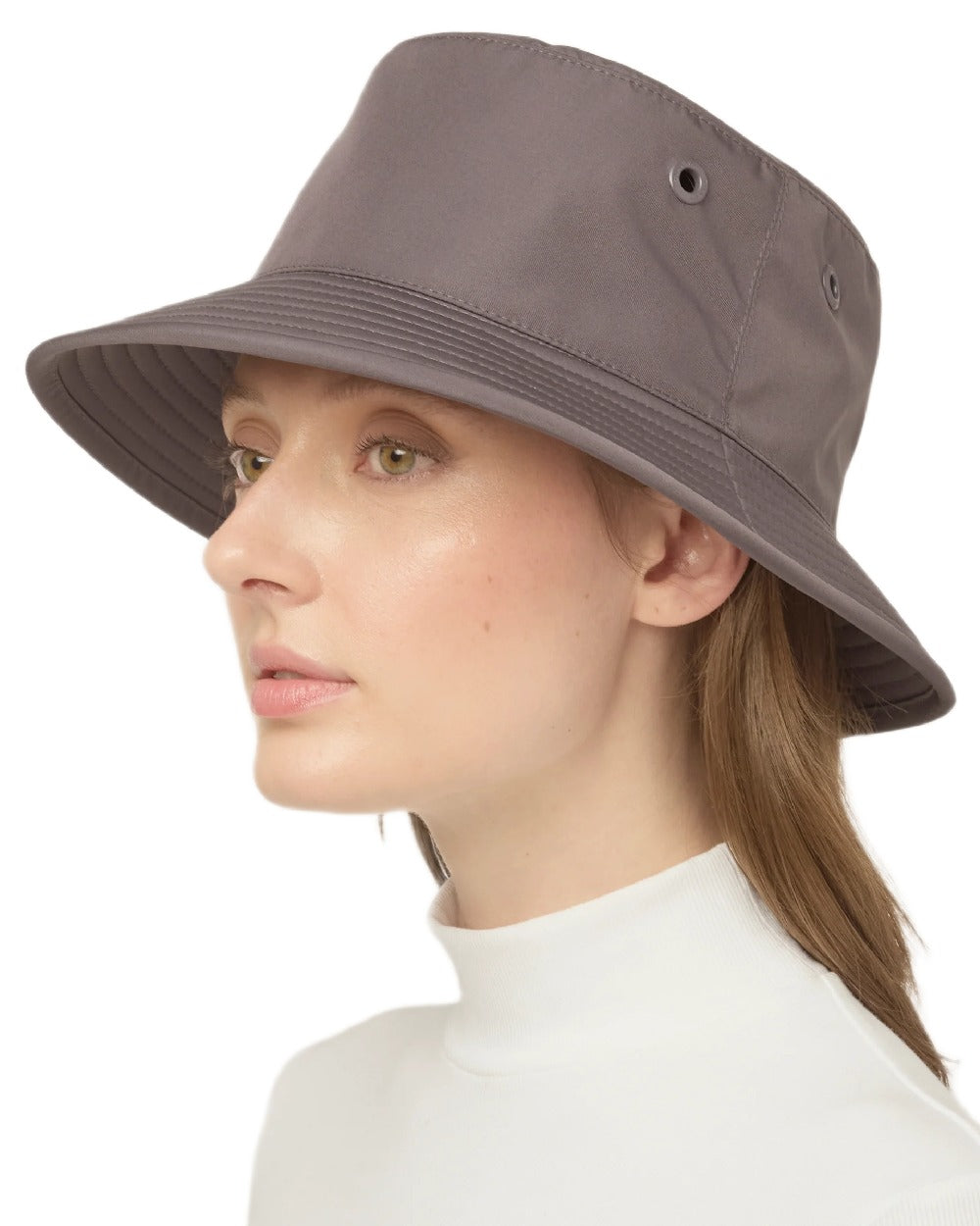 Slate Coloured Tilley T1 Performance Bucket Hat on white background 