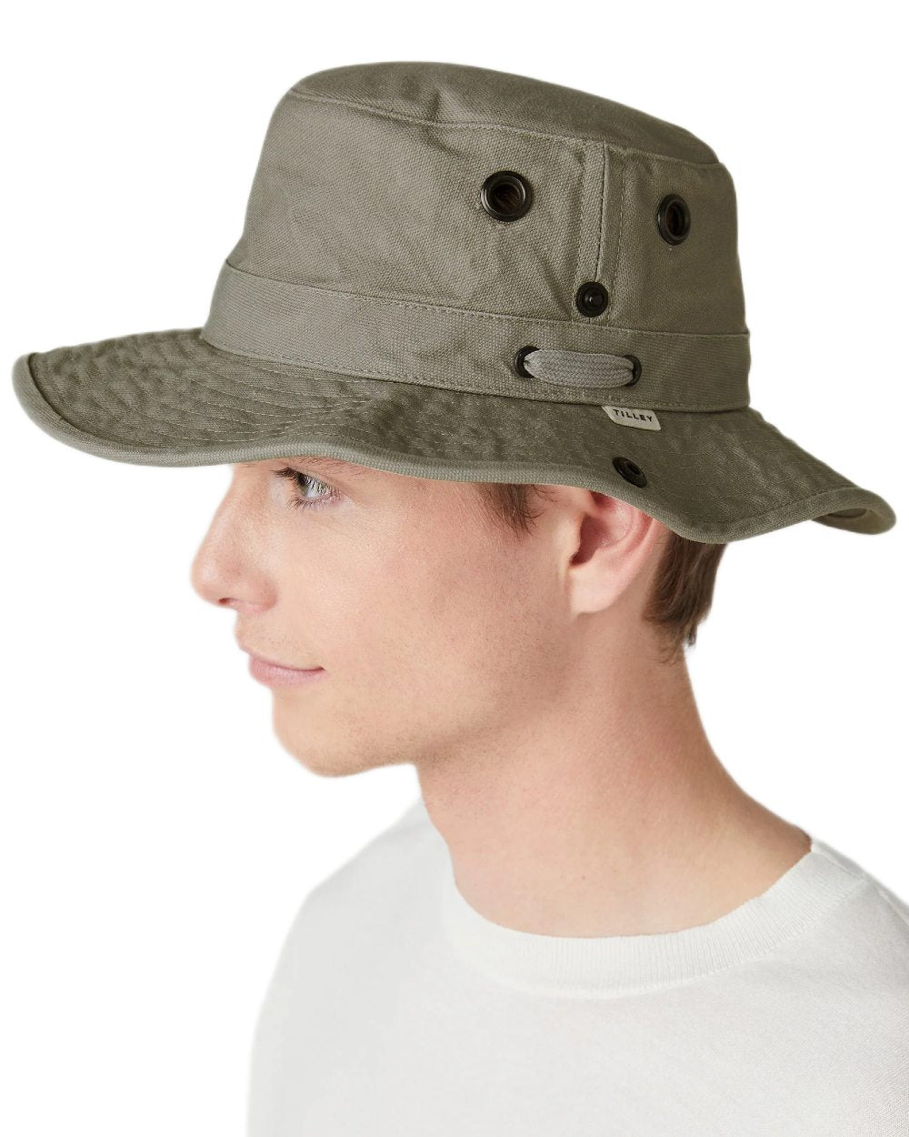 Khaki coloured Tilley T3 Wanderer Hat on White background 