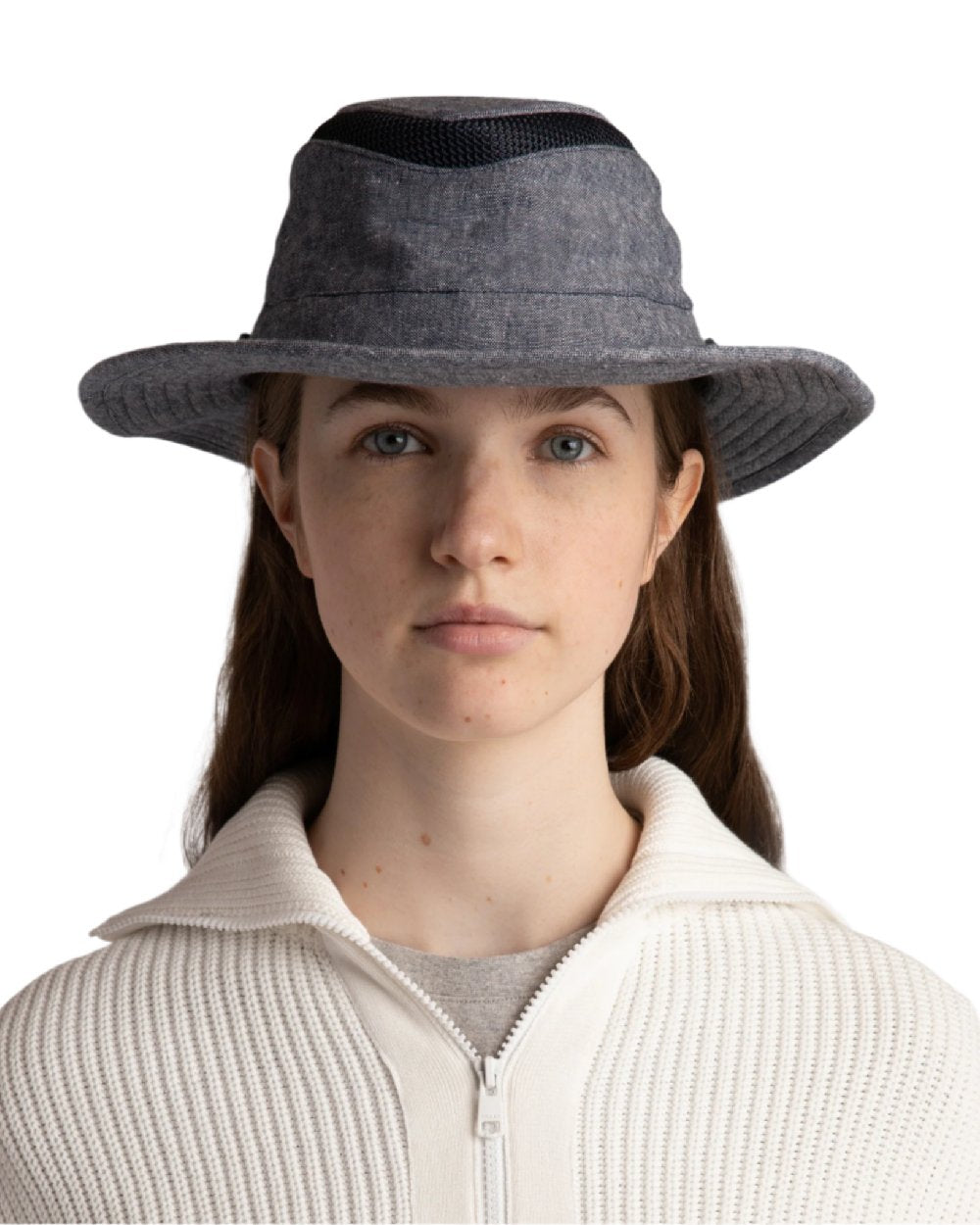 Navy Coloured Tilley TMH55 Organic Airflo Sun Hat on white background 