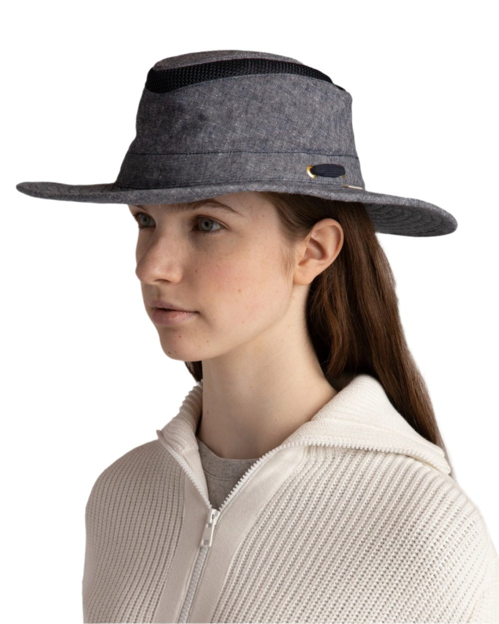 Navy Coloured Tilley TMH55 Organic Airflo Sun Hat on white background 
