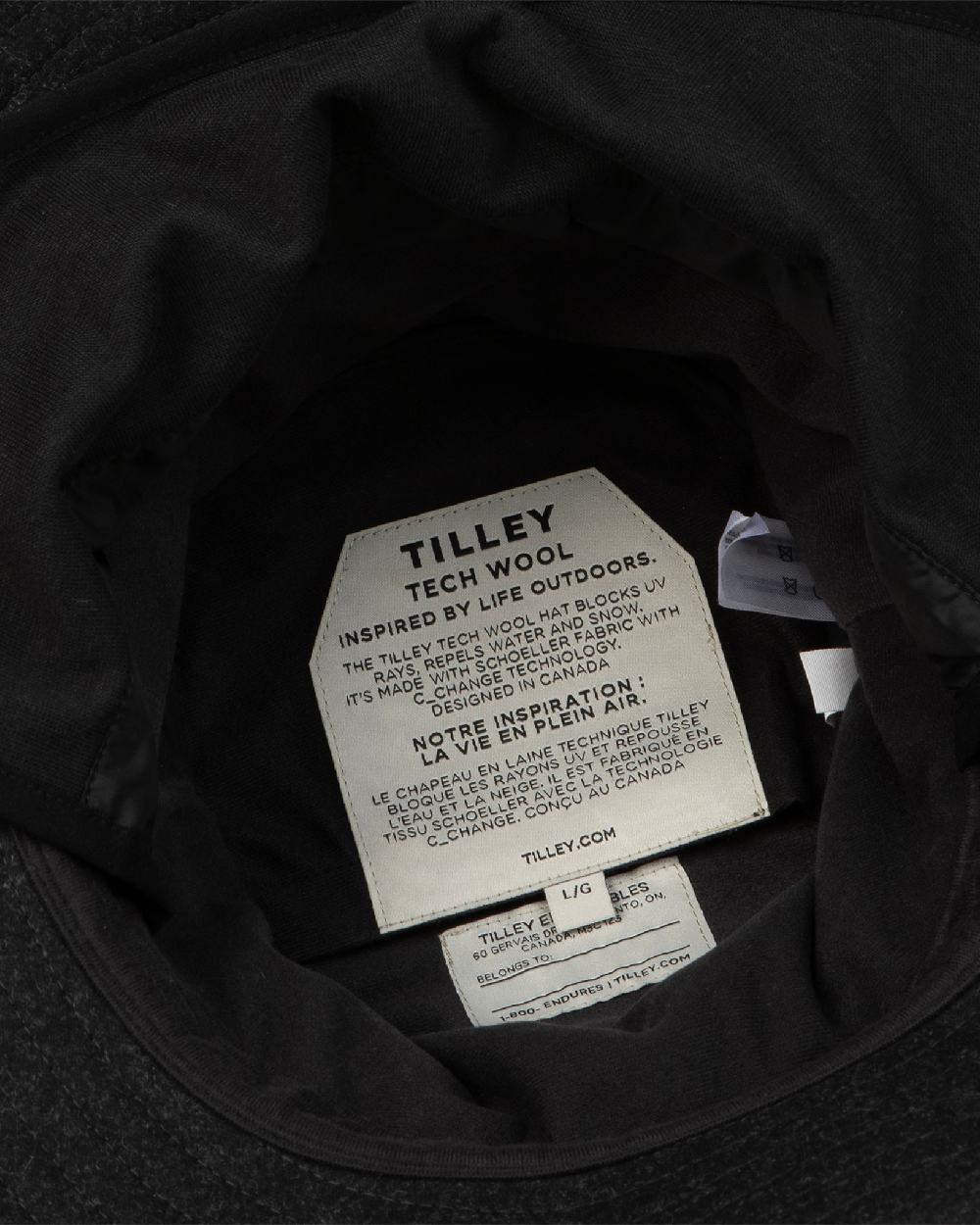 Black coloured Tilley TTW2 Tec Wool Bucket Hat on white background 