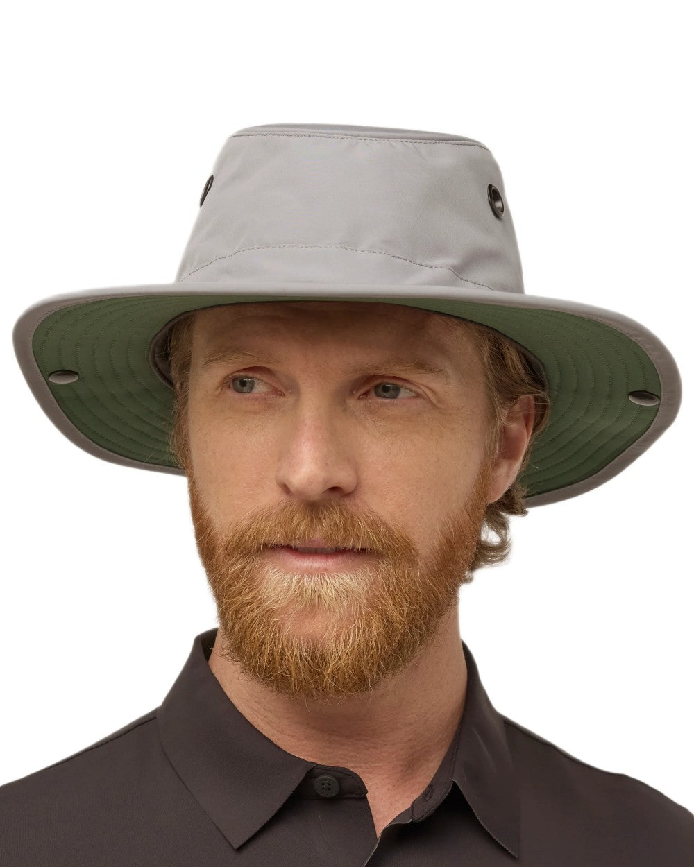 Grey Green coloured Tilley TWS1 All Weather Hat on white background 