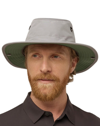 Grey Green coloured Tilley TWS1 All Weather Hat on white background 