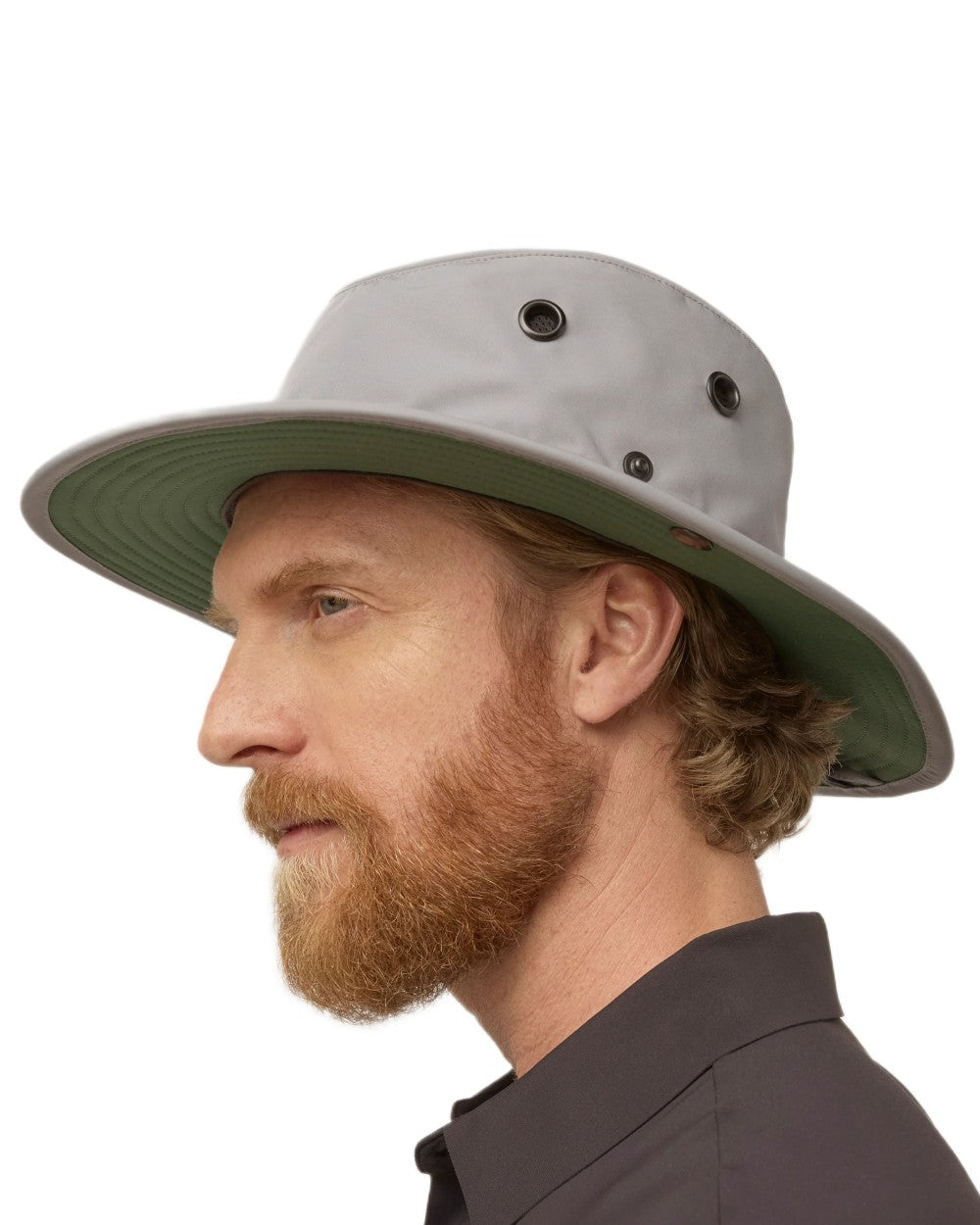 Grey Green coloured Tilley TWS1 All Weather Hat on white background 