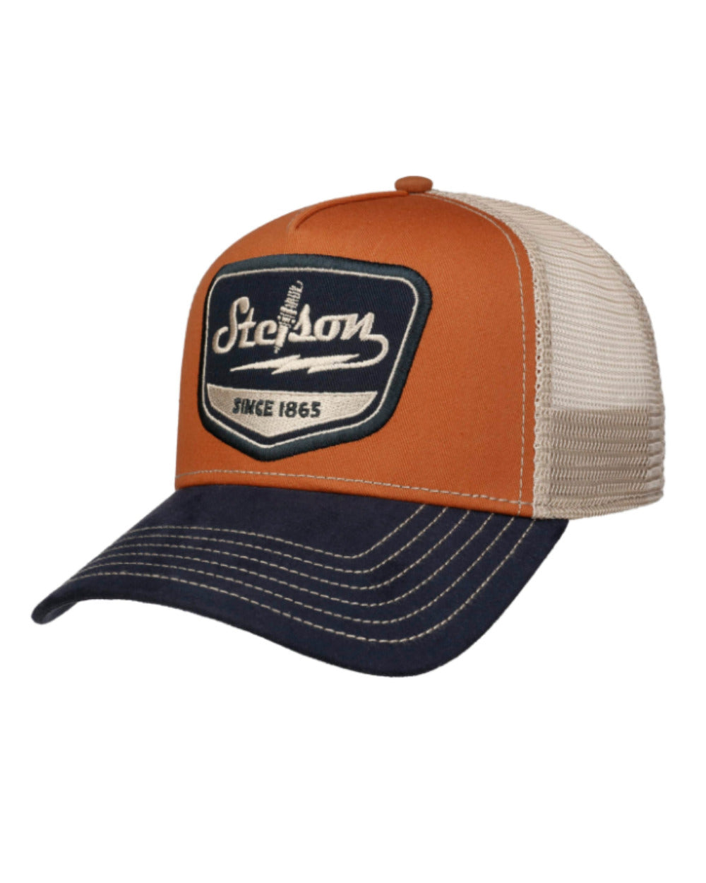 White/Rust Orange coloured Stetson Spark Plug Trucker Cap on White background 