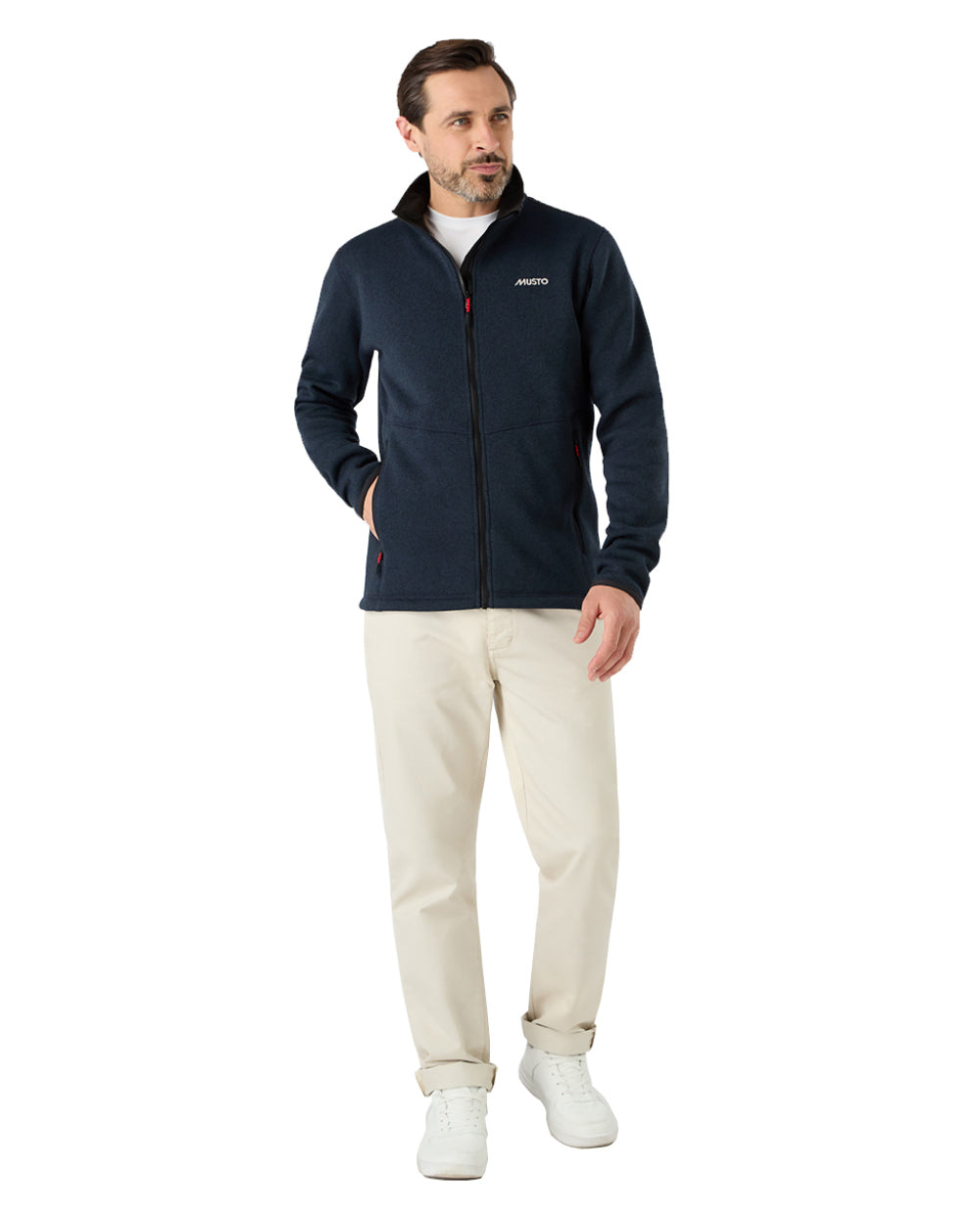 True Navy Marl Coloured Musto Mens Knitted Fleece On A White Background 