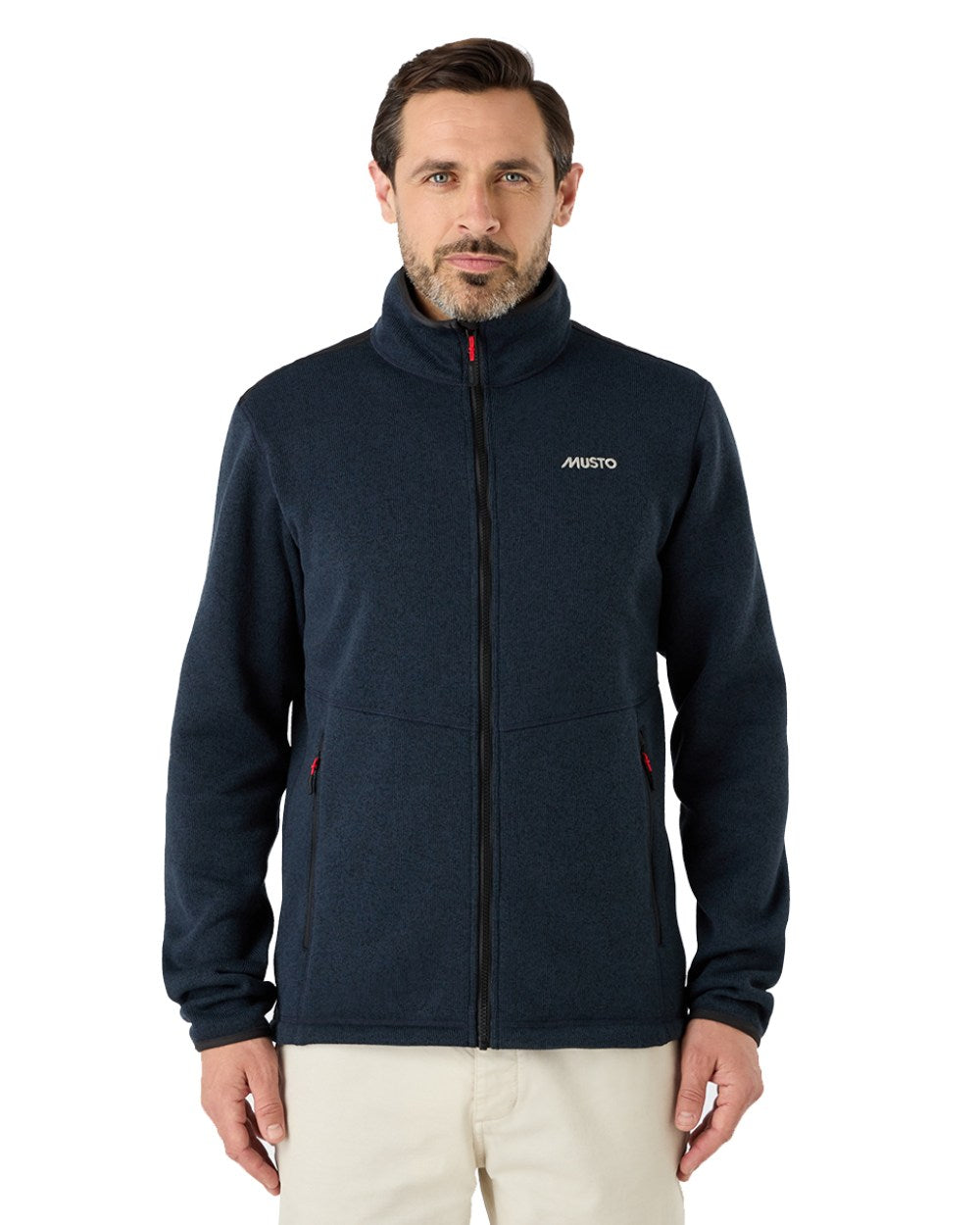 True Navy Marl Coloured Musto Mens Knitted Fleece On A White Background 