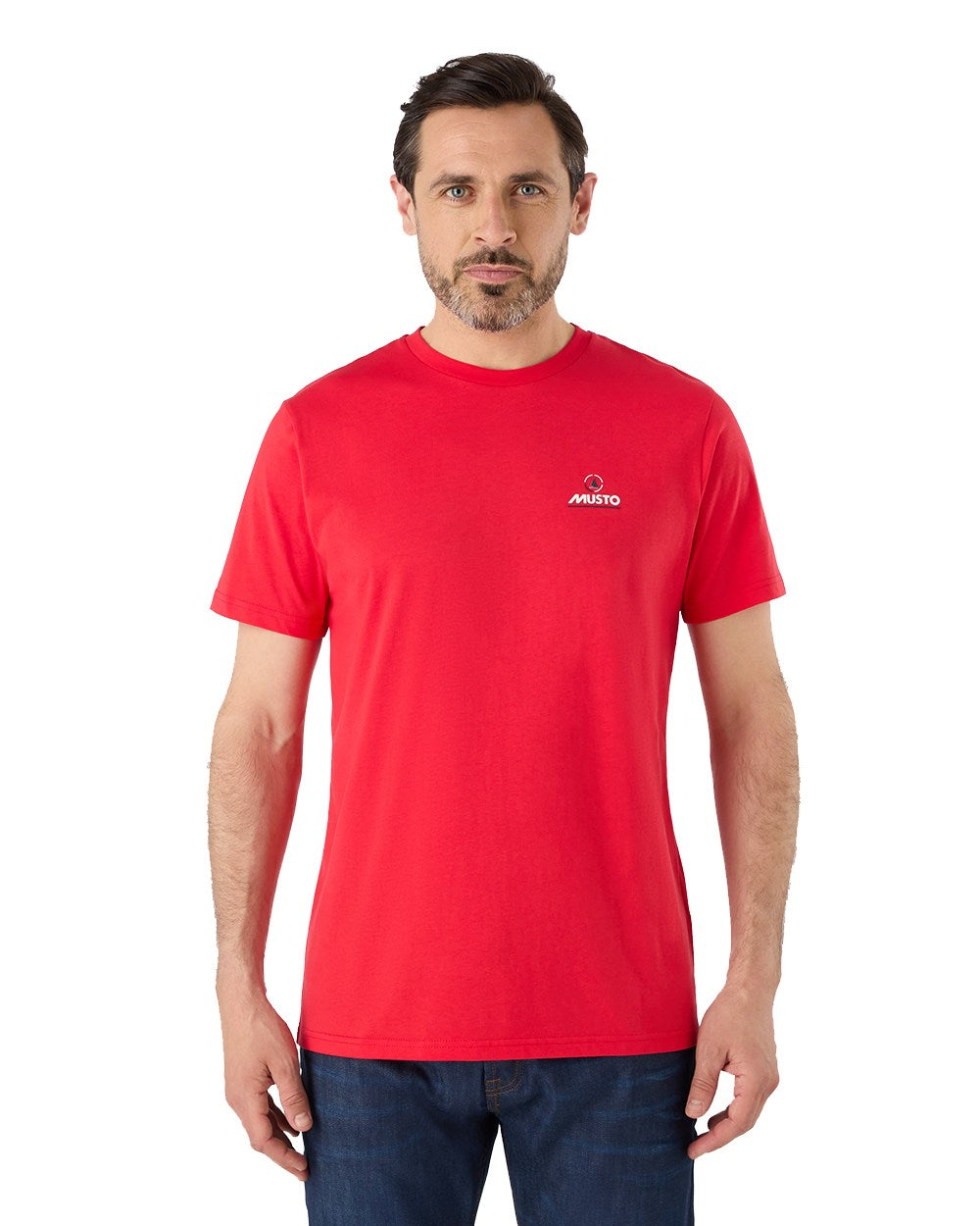 True Red Coloured Musto Mens Nautic Short Sleeve T-Shirt On A White Background 