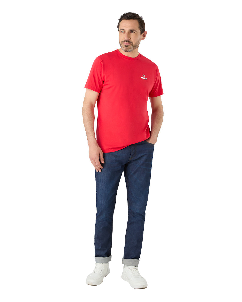 True Red Coloured Musto Mens Nautic Short Sleeve T-Shirt On A White Background 