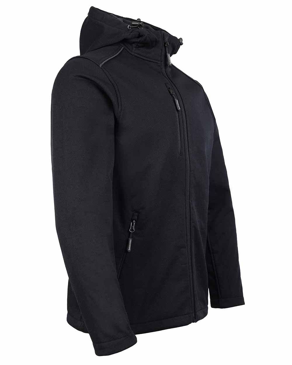 Side view showing hood and zip pockets TuffStuff Hale Jacket in  black 