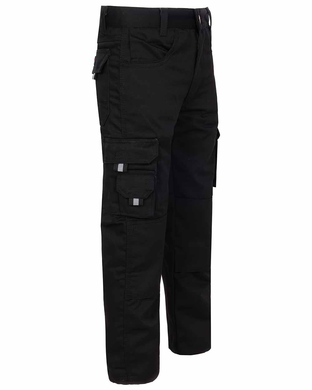 Side view showing cargo pocket TuffStuff Junior Pro Work Trousers in Black 