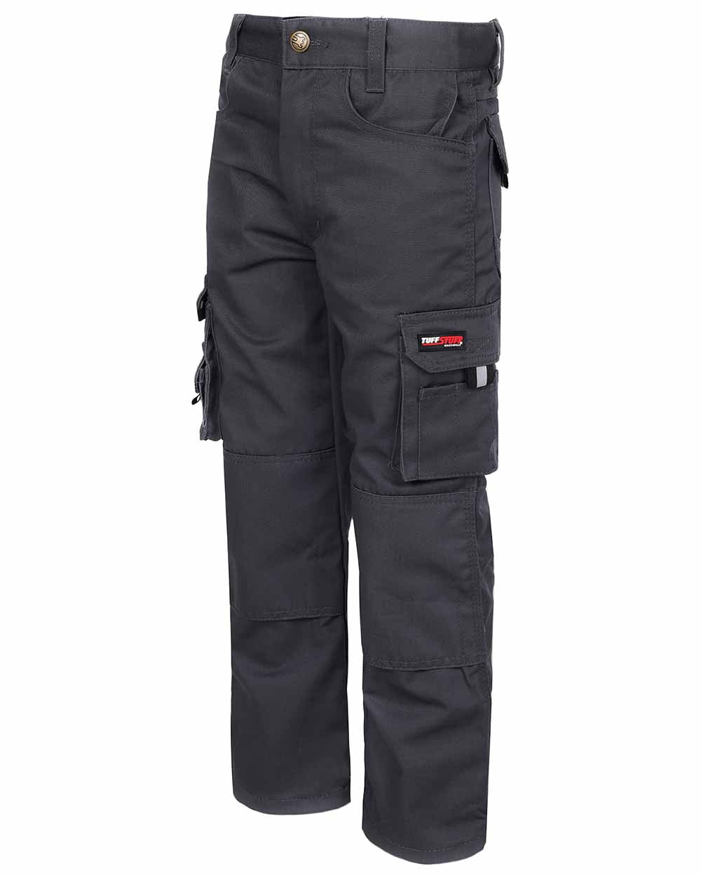 Hip and thigh pockets on TuffStuff Junior Pro Work Trousers in Grey 