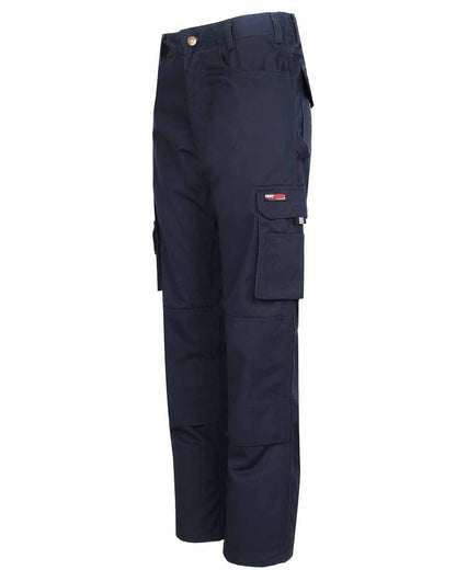 Side view with cargo pockets TuffStuff Pro Work Trousers in Navy 